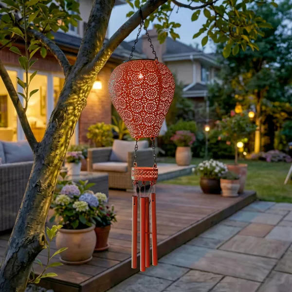 Suspensi�n solar LED para jard�n (H56 cm) Globo aerost�tico Rojo