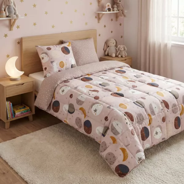 Gedrukte kinderdekbed van katoen en twee kussenslopen (240 x 220 cm) Sky Dream Roze