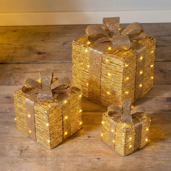 Set von 3 Beleuchteten Geschenken mit Batteriebetrieb 30 LED (H30 cm) Westfield Gold und Warmwei�