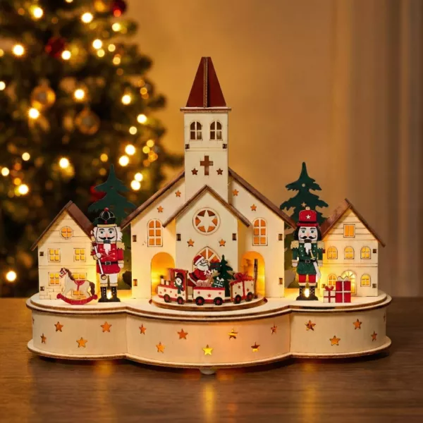 Village de No�l en bois lumineux et musical � piles (30 x H24 cm) �glise et casse-noisette