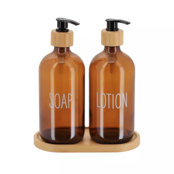Set van 2 zeepdispensers van glas en 1 bamboe dienblad Soap Amber