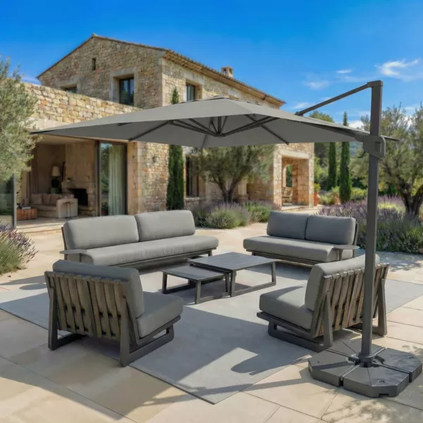 Parasol d�port� carr� aluminium avec pied (3 x 3 m) Elyra Anthracite et Gris