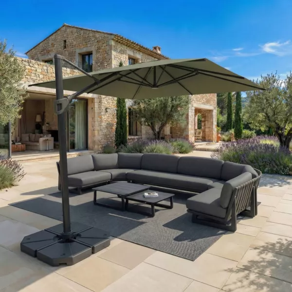Parasol d�port� carr� aluminium avec pied (3 x 3 m) Elyra Anthracite et Vert olive