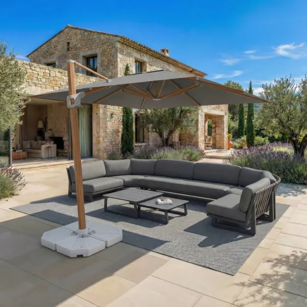 Parasol d�port� carr� aluminium avec pied (3 x 3 m) Elyra effet bois et Anthracite