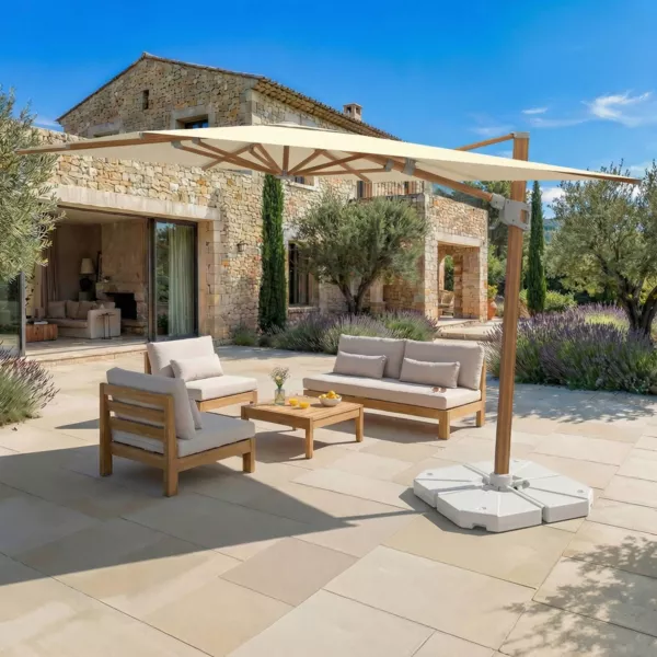 Vierkante aluminium zweefparasol met voet (3 x 3 m) Elyra houtlook en Beige