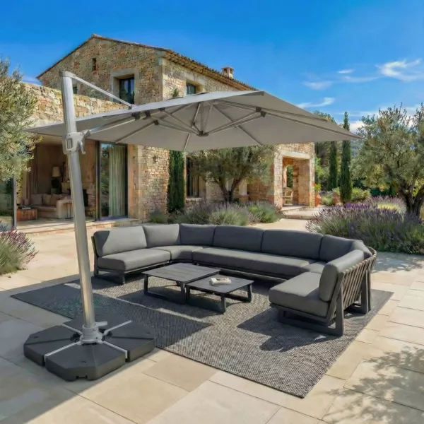 Quadratischer Aluminium-Sonnenschirm mit St�nder (3 x 3 m) Elyra in Gl�nzendem Metall und Grau
