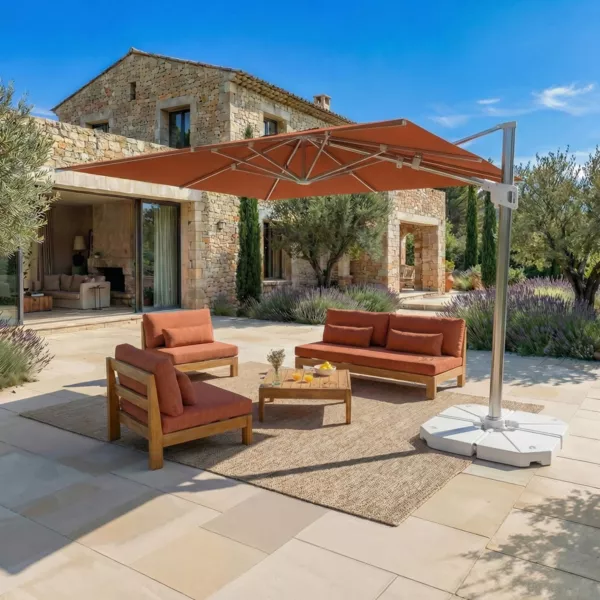 Quadratischer Aluminium-Sonnenschirm mit St�nder (3 x 3 m) Elyra in Gl�nzendem Metall und Terrakotta