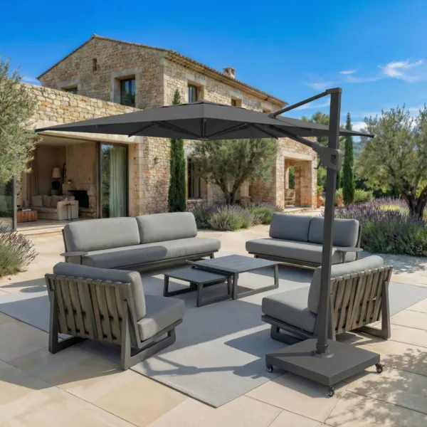 Parasol d�port� carr� aluminium avec socle (3 x 3 m) Elyra Anthracite