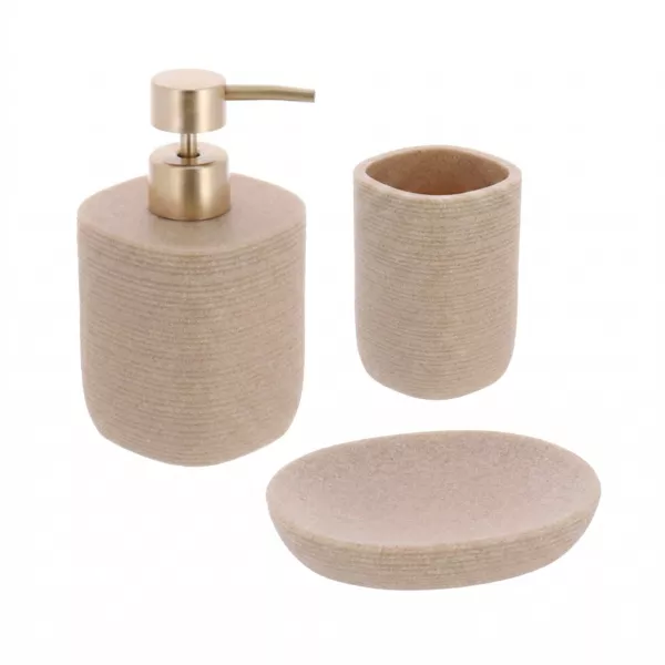 Set de vaso, dispensador y jabonera de poliresina rayada Lina Beige