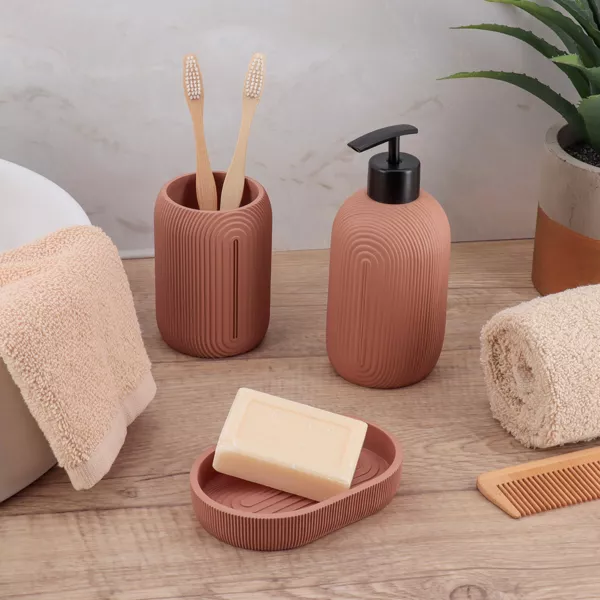 Set gobelet distributeur et porte-savon r�sine Minimalist g�om�trique Rose blush