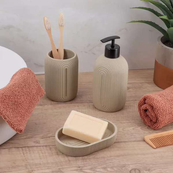 Set de vaso, dispensador y jabonera de resina Minimalist geom�trico Beige