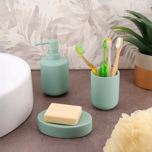 Set bicchiere, portasapone e distributore di sapone in gr�s Timeless Verde eucalipto
