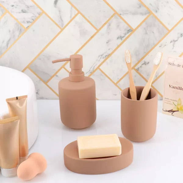 Set beker dispenser en zeephouder van aardewerk Timeless Cappuccino
