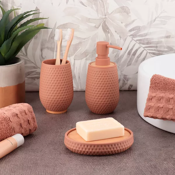 Set bicchiere, portasapone e dispenser effetto nido d'ape Bania Cappuccino