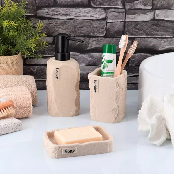 Set gobelet distributeur et porte-savon polyr�sine effet pierre Paola Beige