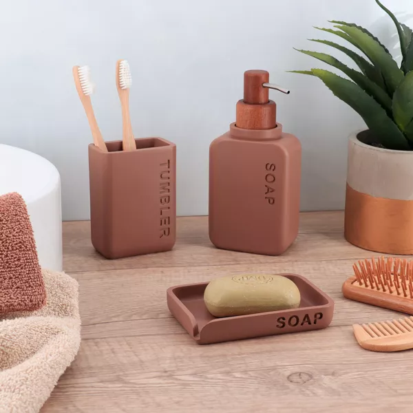Set gobelet distributeur et porte-savon polyrésine gravée Sia Marron mocha