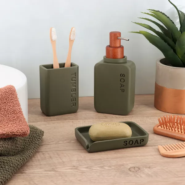 Set bicchiere distributore e porta sapone in poliresina incisa Sia Verde oliva