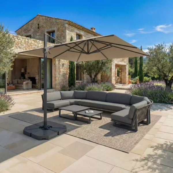 Parasol d�port� rectangulaire aluminium avec pied (3 x 4 m) Elyra Anthracite et Taupe
