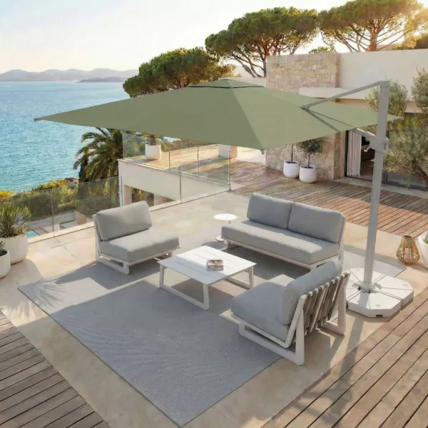 Ombrellone decentrato rettangolare in alluminio con base (3 x 4 m) Elyra Bianco e Verde oliva