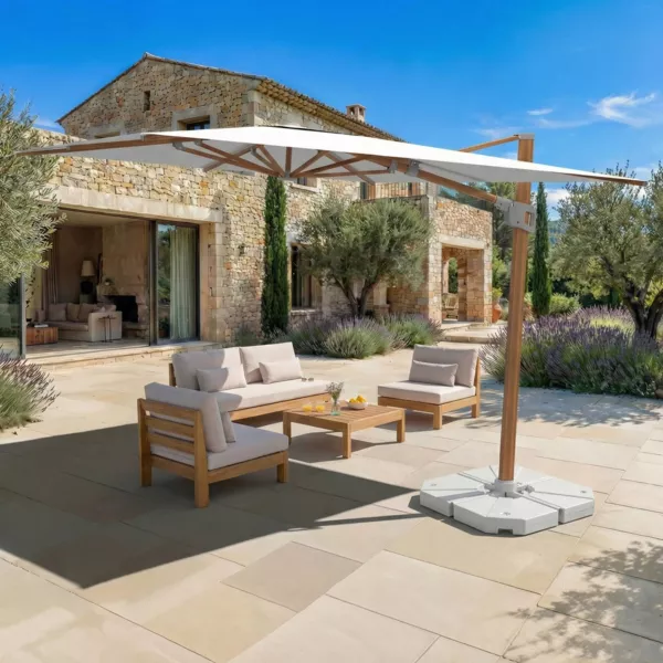 Parasol d�port� rectangulaire aluminium avec pied (3 x 4 m) Elyra effet bois et Blanc