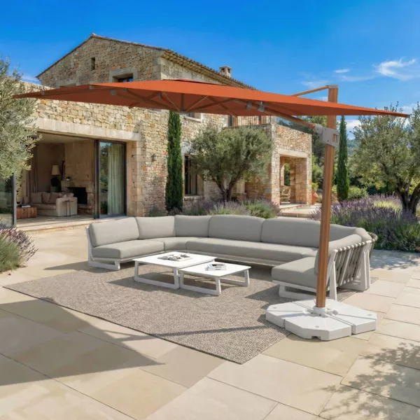 Ombrellone decentrato rettangolare in alluminio con base (3 x 4 m) Elyra effetto legno e Terracotta