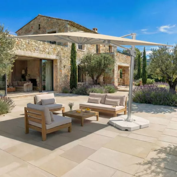 Parasol d�port� rectangulaire aluminium avec pied (3 x 4 m) Elyra M�tallis� brillant et Beige