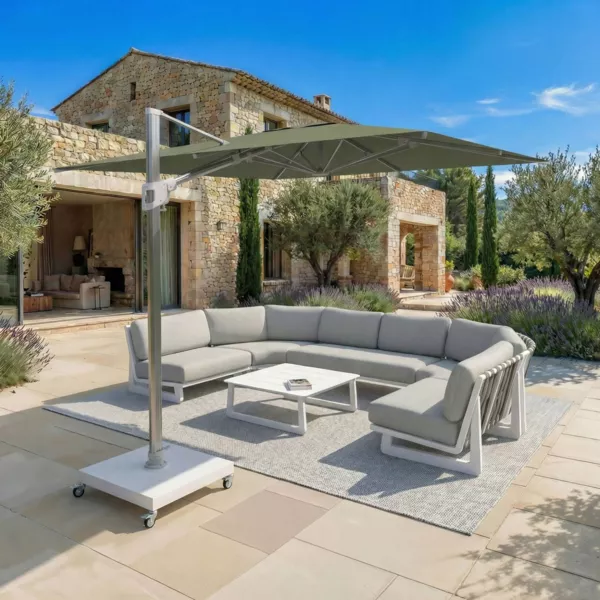 Ombrellone decentrato rettangolare in alluminio con base (3 x 4 m) Elyra Metallico lucido e Verde oliva
