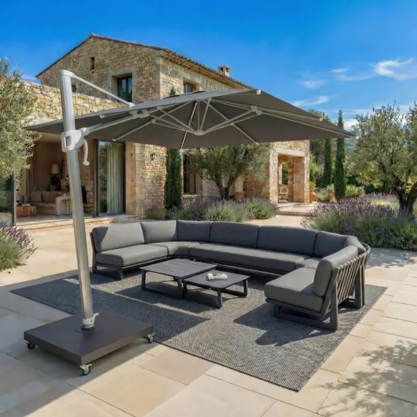 Parasol d�port� rectangulaire aluminium avec socle (3 x 4 m) Elyra M�tallis� brillant et Anthracite