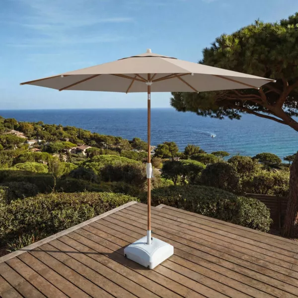 Parasol rond aluminium (D3,3 m) Elyra effet bois et Taupe