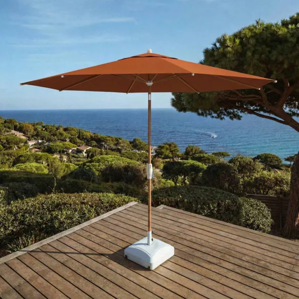 Parasol rond aluminium (D3,3 m) Elyra effet bois et Terracotta