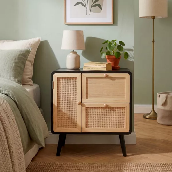 Kommode med 2 skuffer i tr� og flet (50 x 55 cm) Osaka Sort