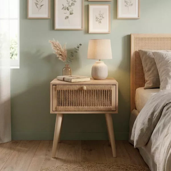 Table de chevet bois et cordes de chanvre (H58 cm) Manille tiroir Beige