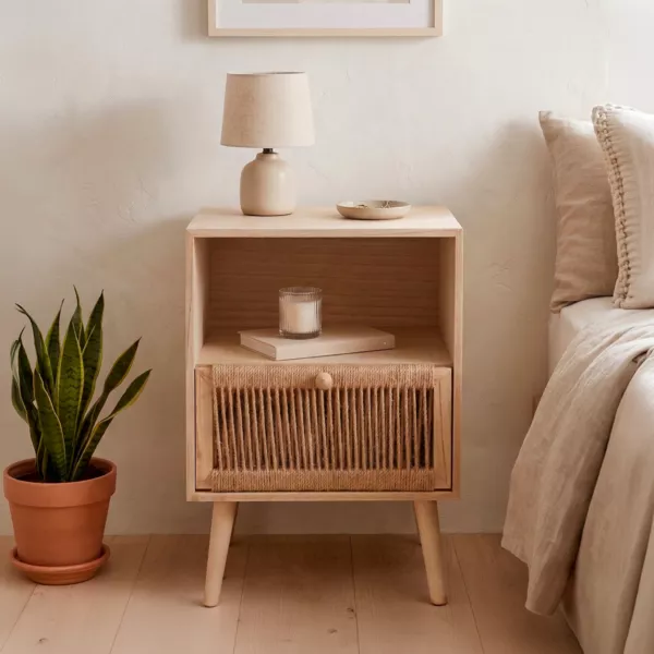 Table de chevet bois et corde de chanvre (H55 cm) Manille niche Beige