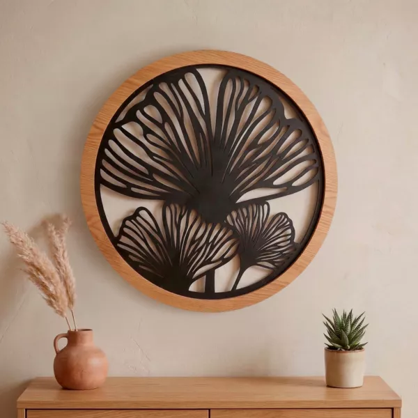 Decorazione murale rotonda in metallo (D60 cm) Ginkgo Nero