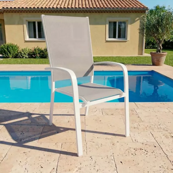 Fauteuil de jardin dossier haut aluminium empilable Murano Blanc et taupe