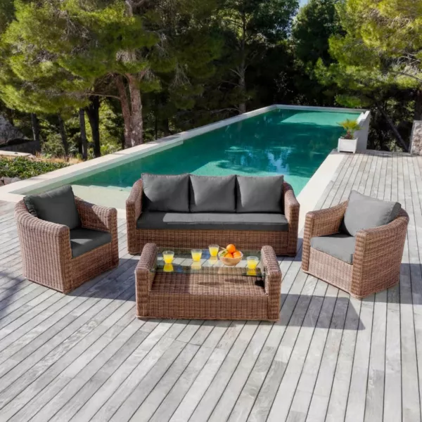 Salotto da giardino in resina intrecciata 5 posti 4 pezzi Calvi Seppia e grigio scuro