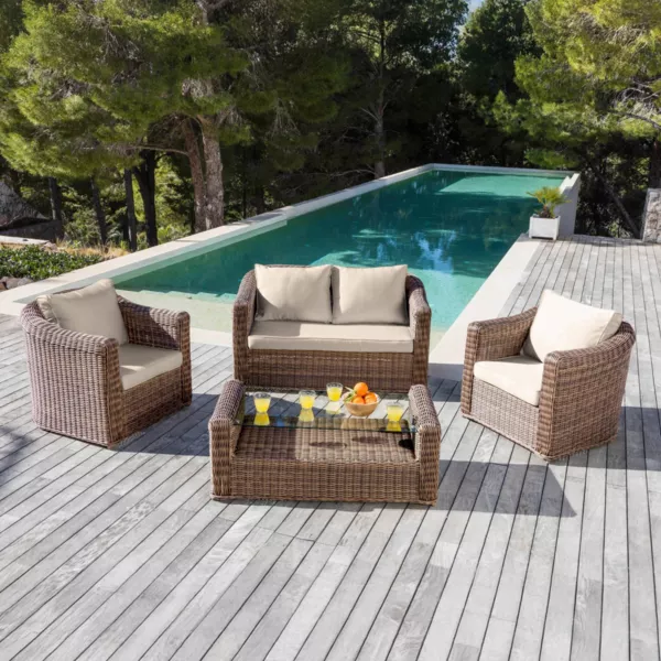 Salon de jardin en r�sine tress�e 4 places 4 pcs Calvi Sepia et taupe