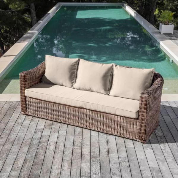 Tuinbank van gevlochten hars 3 zitplaatsen Calvi Sepia en Taupe