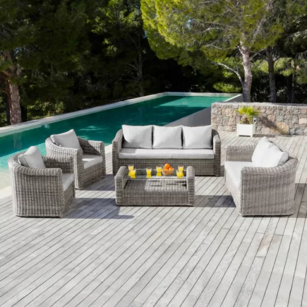 Salotto da giardino in resina intrecciata 7 posti 5 pezzi Calvi Grigio e grigio chiaro