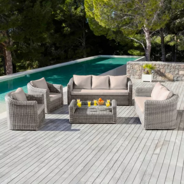 Salotto da giardino in resina intrecciata 7 posti 5 pezzi Calvi Grigio e tortora