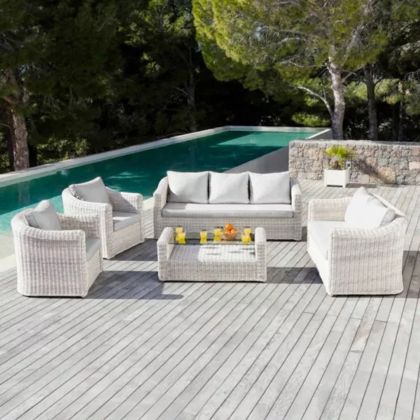 Salotto da giardino in resina intrecciata 7 posti 5 pezzi Calvi Bianco