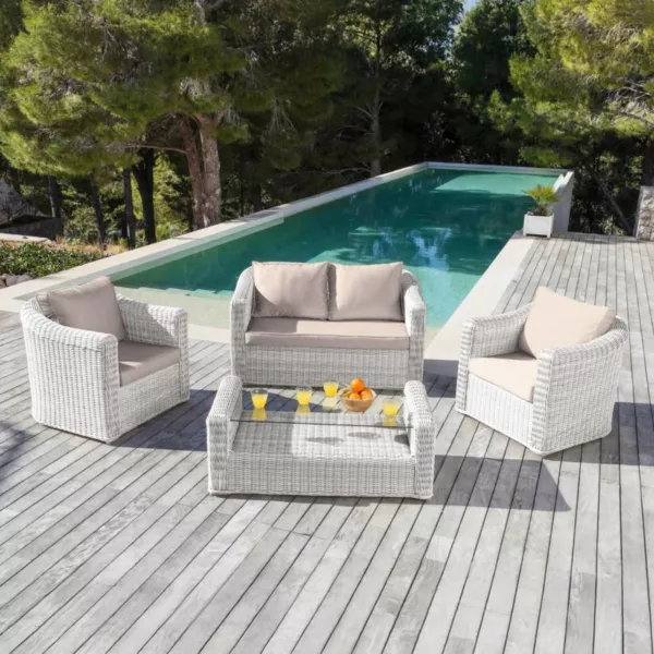 Conjunto de jard�n de resina trenzada 4 plazas 4 pzas Calvi Blanco y topo