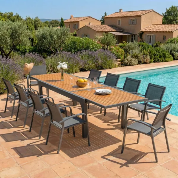 Table de jardin extensible en aluminium 12 places (200/320 x 100 cm) Murano Gris anthracite et effet bois