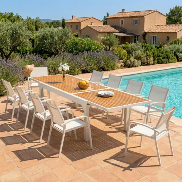Tuintafel uitschuifbaar 12 personen Aluminium hout effect Murano (320 x 100 cm) - Wit
