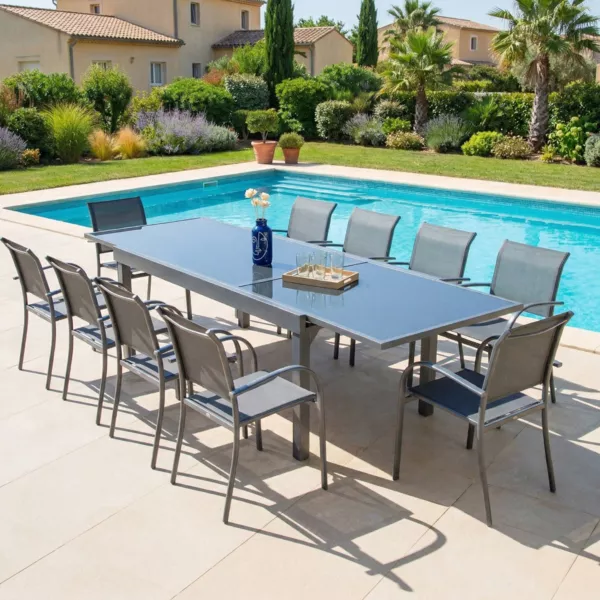 Tuintafel uitschuifbaar 12 personen met glazen blad Murano (320 x 100 cm) - Antraciet