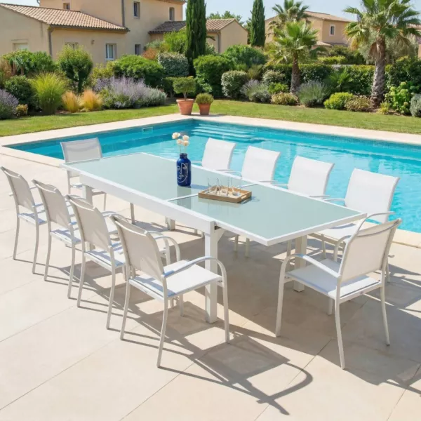 Tavolo da giardino allungabile in vetro 12 posti (200/320 x 100 cm) Murano Bianco