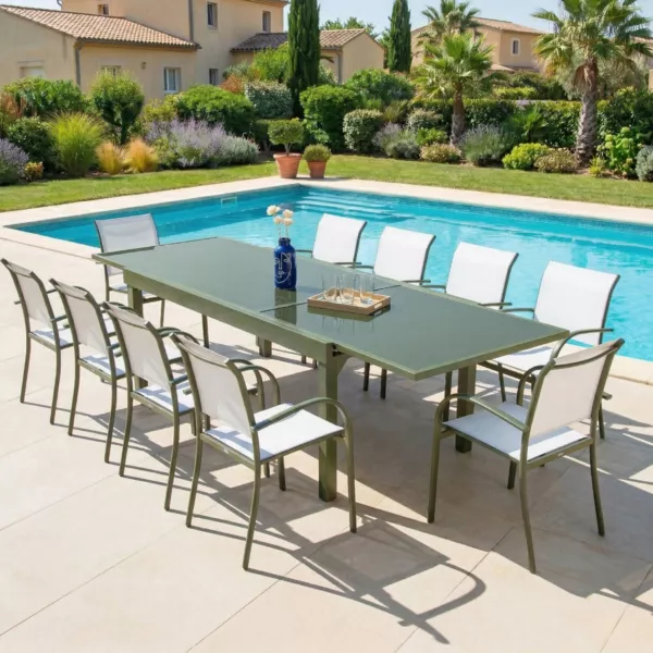 Uitschuifbare tuintafel van glas voor 12 personen (200/320 x 100 cm) Murano Olijfgroen