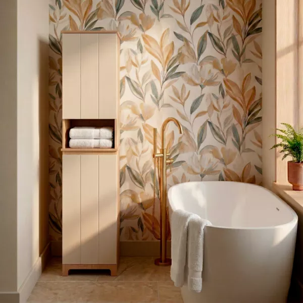 Badezimmerschrank mit integriertem W�schekorb aus Holz (173 x 38 cm) Rivoli Naturfarben