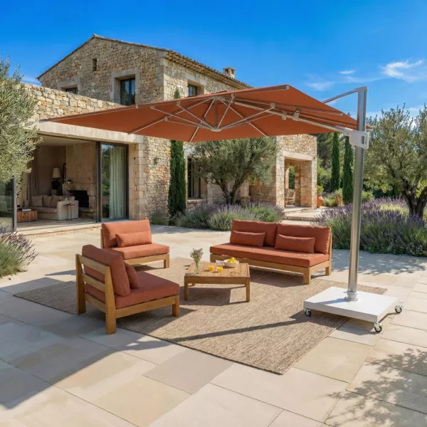 Ombrellone decentrato quadrato in alluminio con base (3 x 3 m) Elyra Metallico lucido e Terracotta