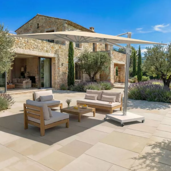 Parasol d�port� carr� aluminium avec socle (3 x 3 m) Elyra M�tallis� brillant et Beige